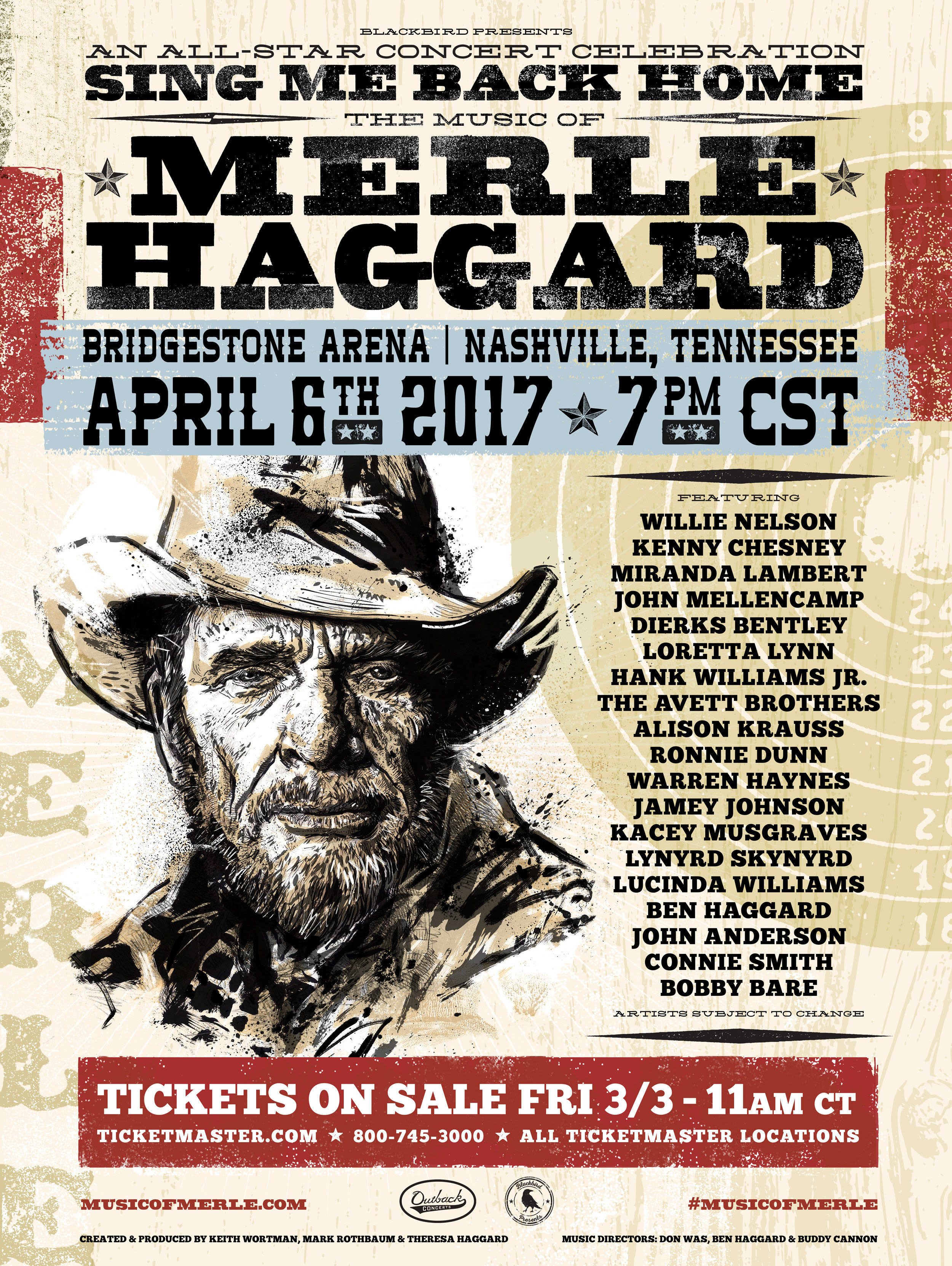 Willie Nelson, Kenny Chesney, Miranda Lambert, John Mellencamp & Dierks Bentley to Headline Concert Celebration Honoring Merle Haggard